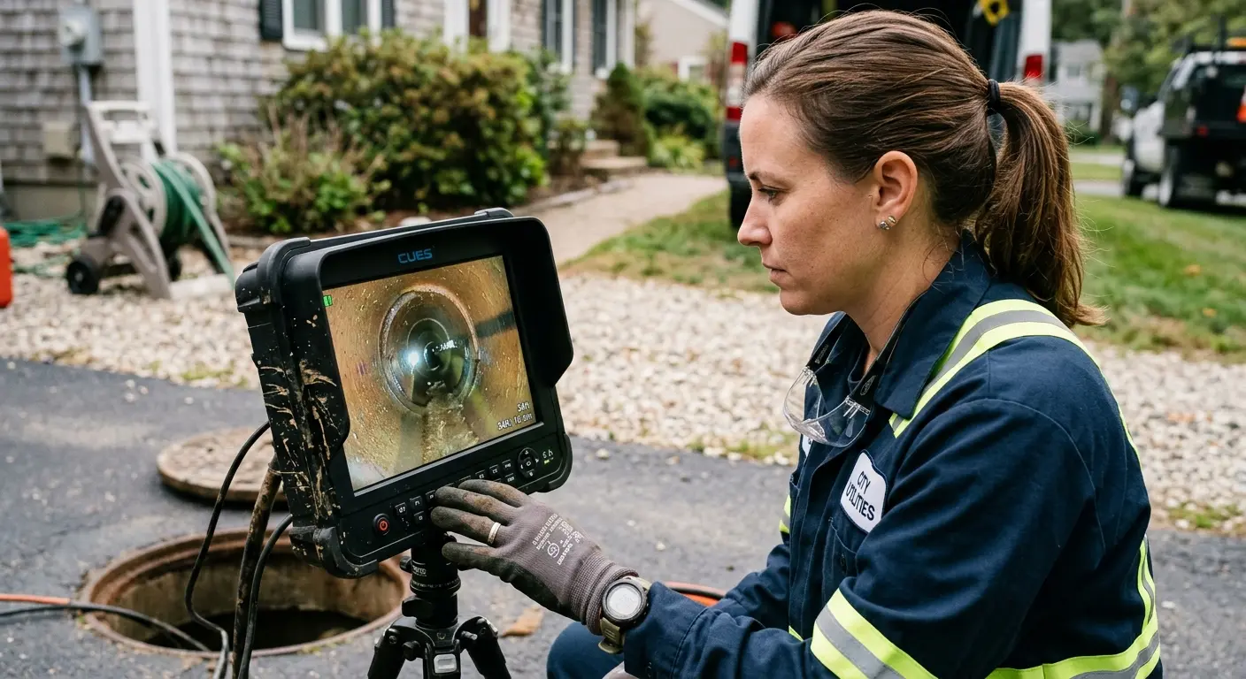 Technician reviewing sewer camera inspection footage in Pasadena