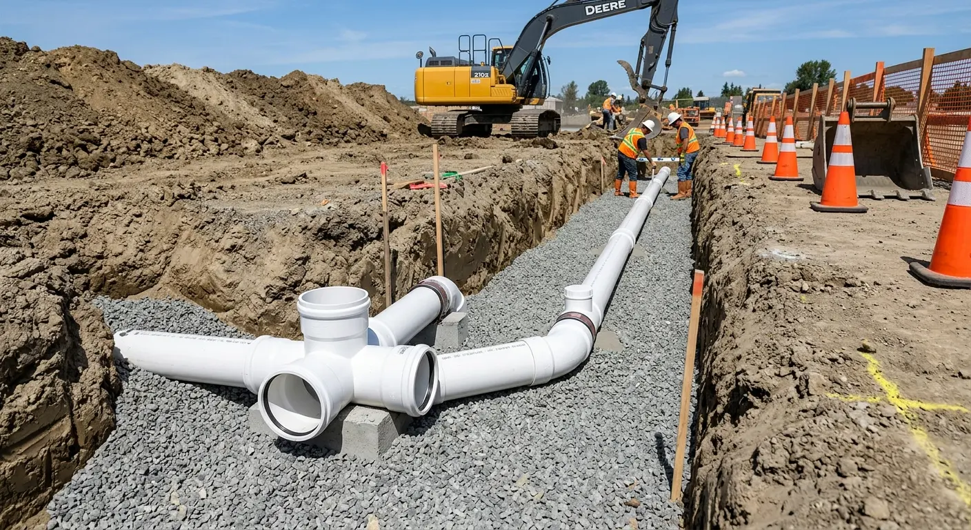 New PVC sewer pipe installation in open trench for Commercial Drain Cleaning in Pasadena